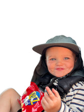 Load image into Gallery viewer, a comfortable secire beach hat for kids legionairre long neck flap and long brim shade at motion